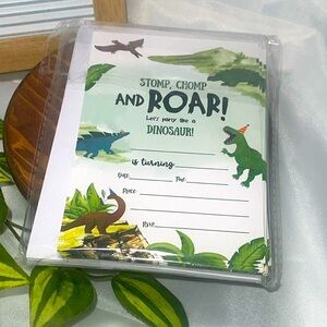 Stomp chomp and roar come party like a dinosaur party invitations 18 count New